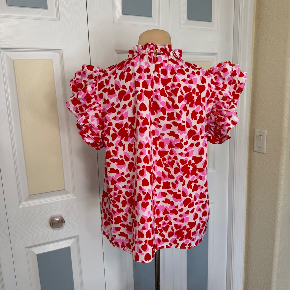 PINCH Women Red Pink Heart Print Ruffle Mock Neck Flutter Sleeve Blouse L NEW - Picture 3 of 7